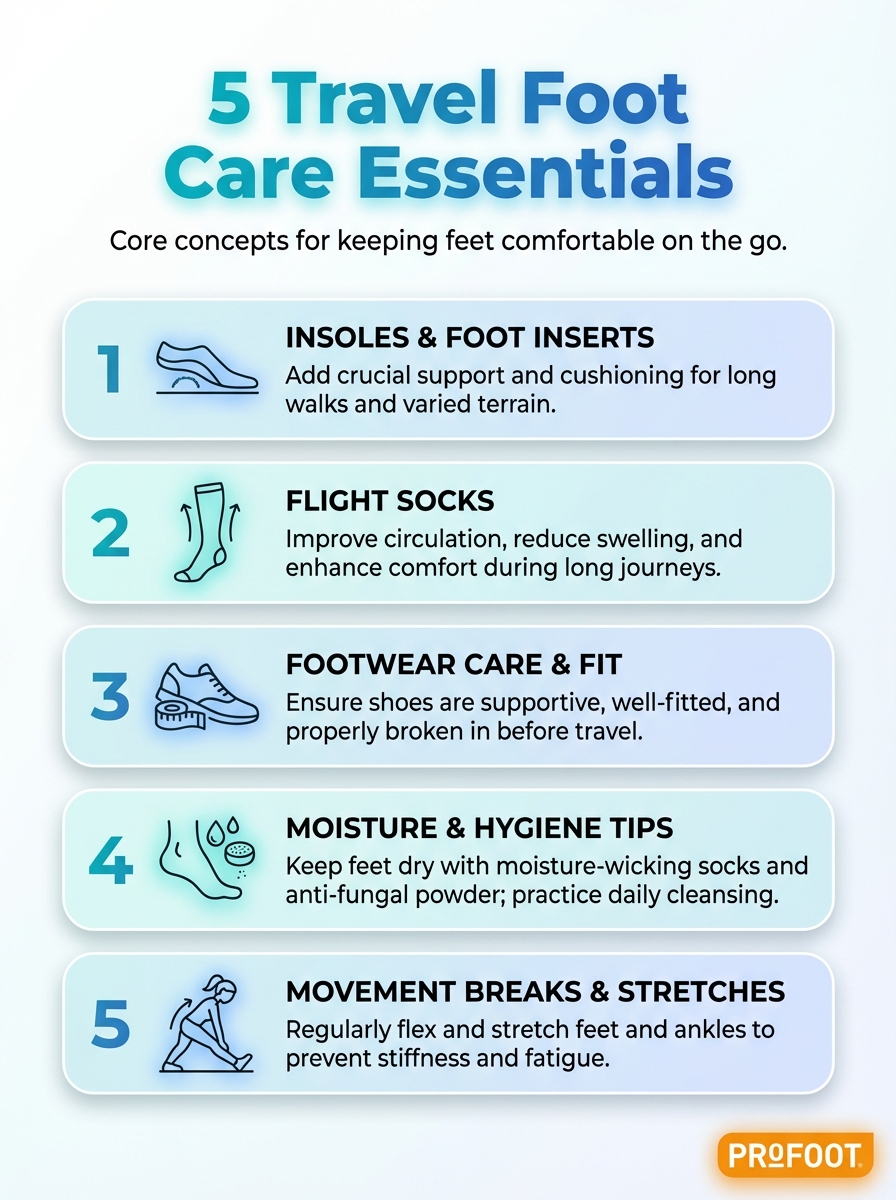 This infographic highlights five must-have foot care items for everyday use and travel. It helps you stay comfortable on the go with practical tips and essentials.